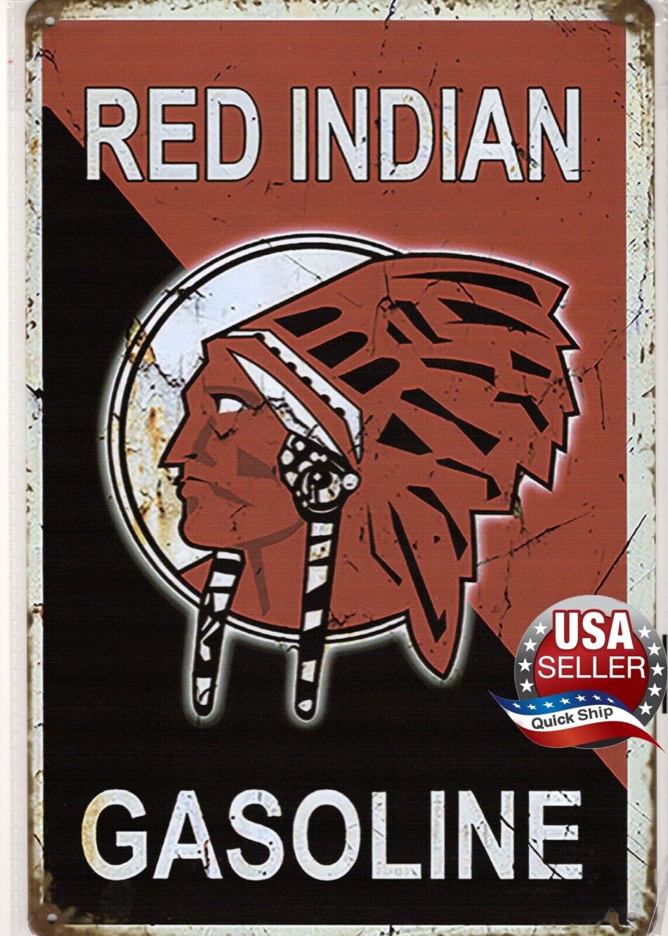 Tin Sign • Petroliana • Red Indian Gasoline •Native American in Feathered Bonnet